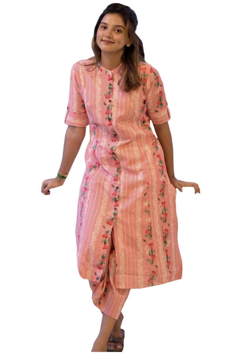 جو سريكي كورتا مطبوعة من GoSriKi من رايون فيسكوز A-Line مع بنطال (بيساسو خوخ-GS_XL_Peach_X-كبير)